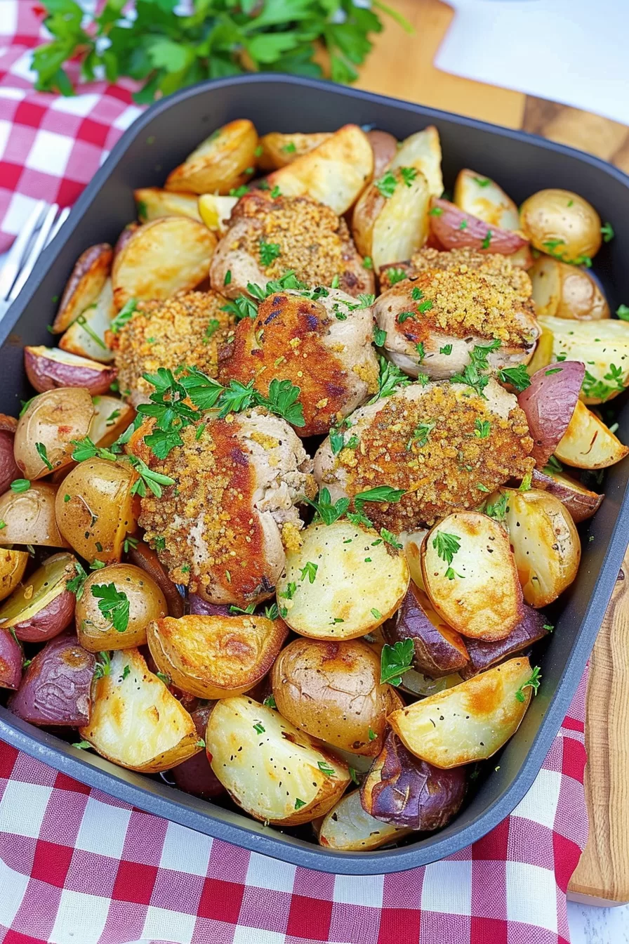 Baked pork chops with roasted potatoes, sprinkled with fresh herbs and served on a rustic tray.