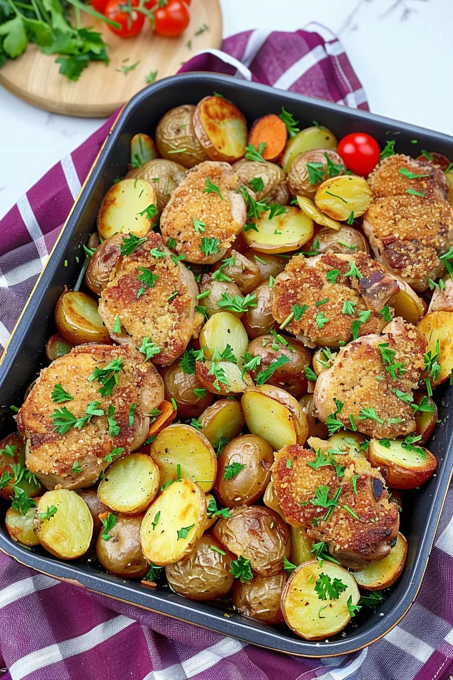 Juicy pork chops with a golden crust accompanied by roasted multi-colored potatoes, a delightful one-pan dish.