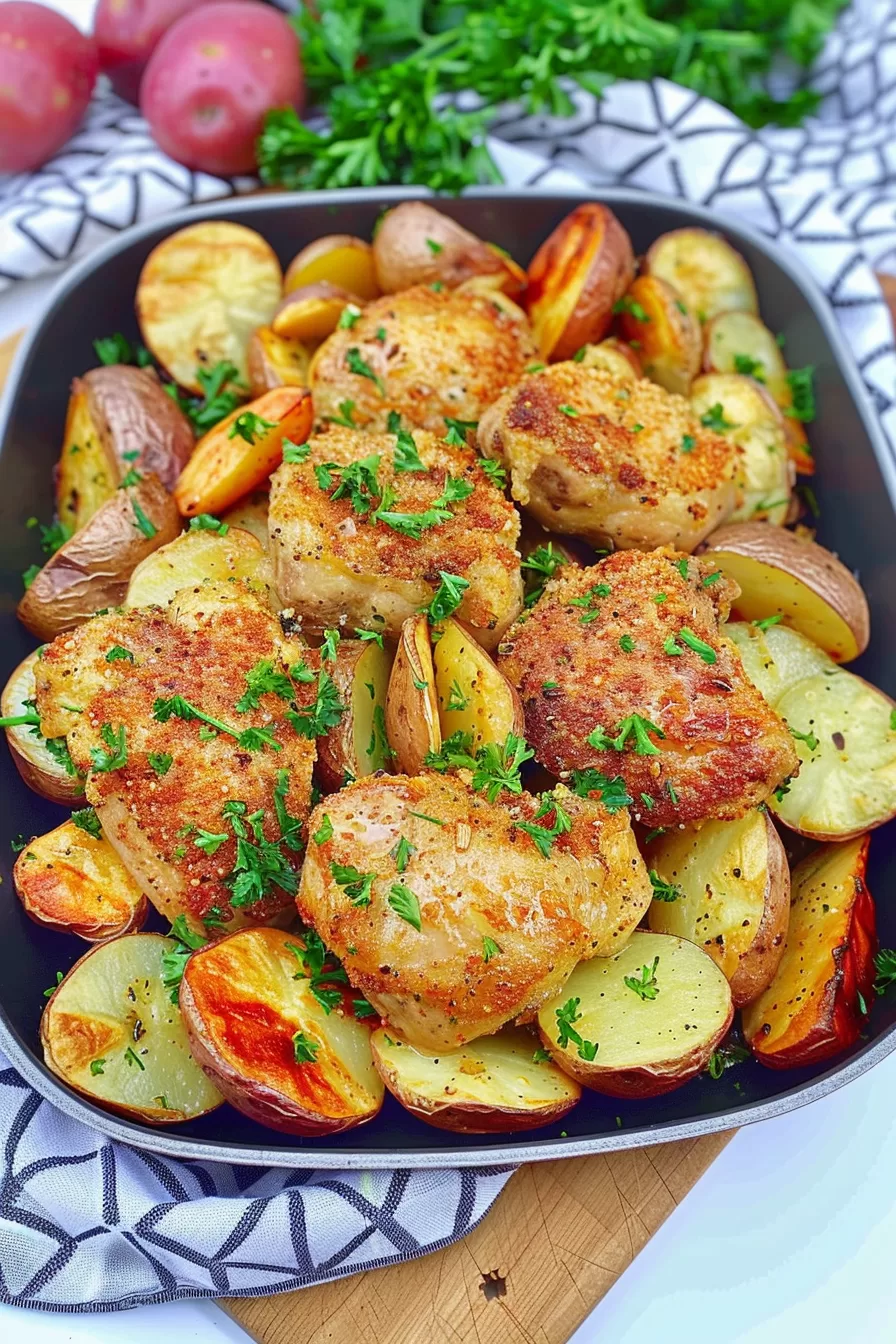 A hearty dish featuring perfectly browned pork chops and roasted potatoes, garnished with parsley and ready to serve.