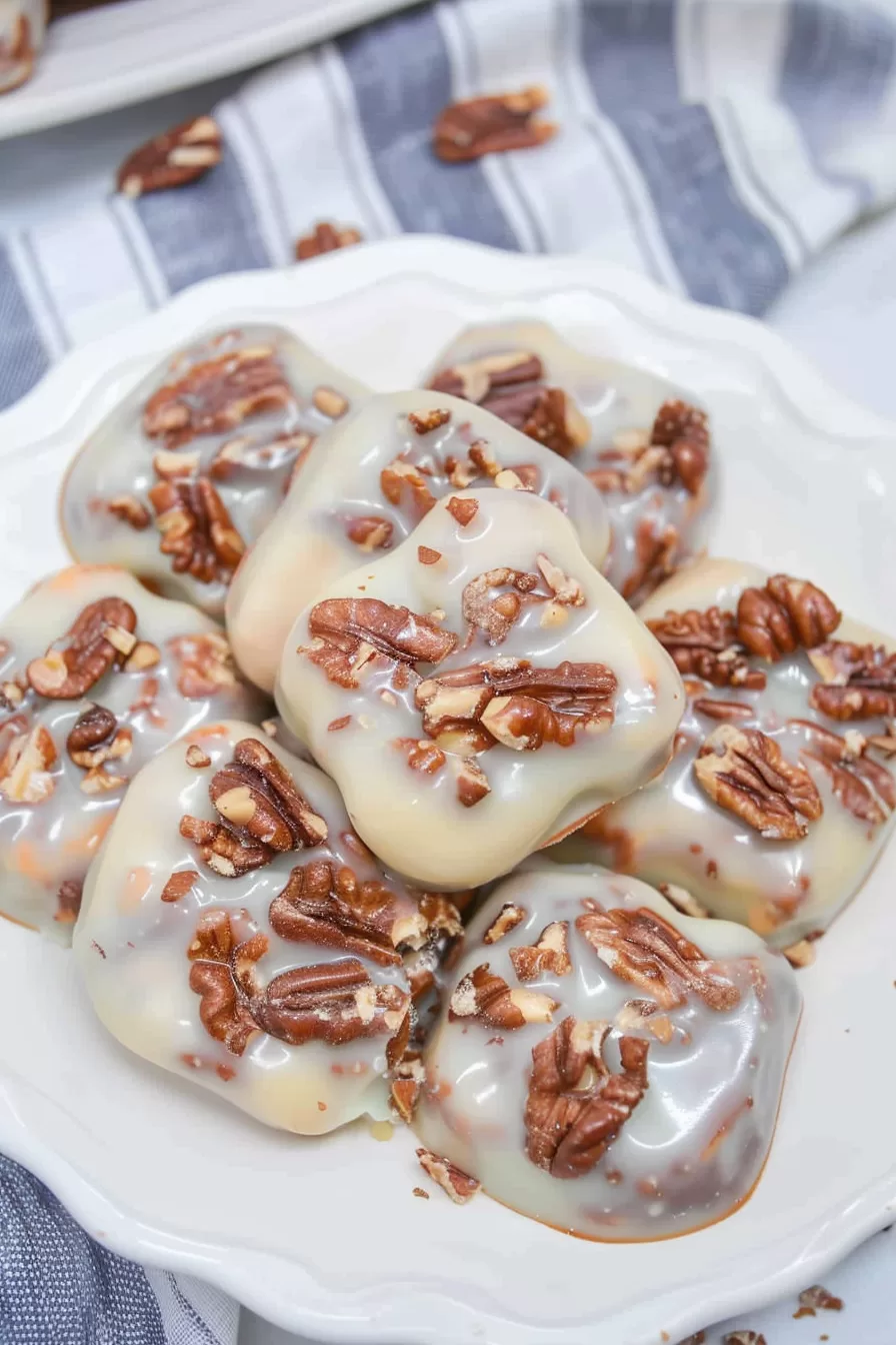 Plate of creamy nut candies drizzled with pecans, showcasing a shiny glaze.