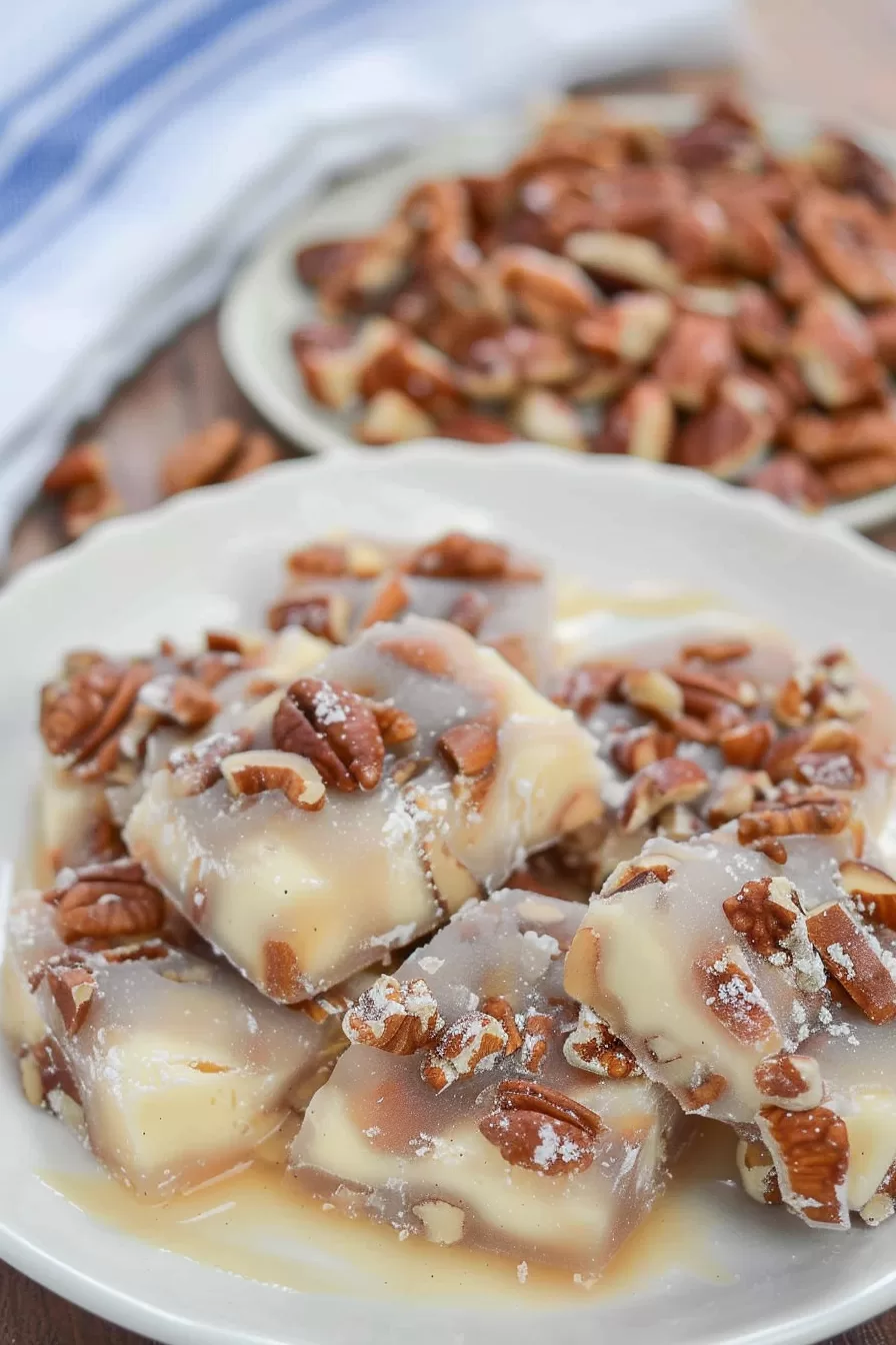 Sweet and glossy nut candies topped with chopped pecans, ready to serve.