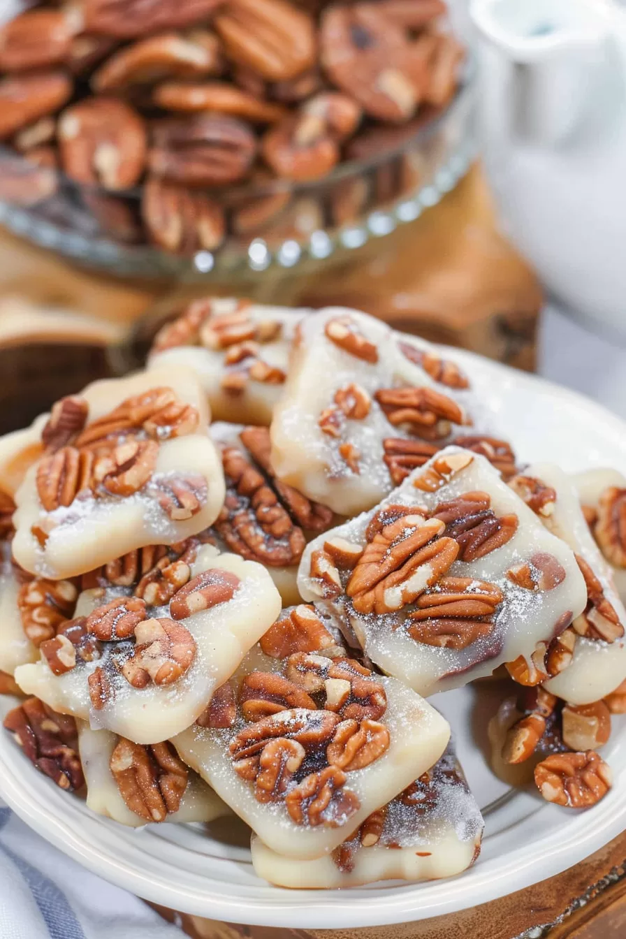 A tempting pile of white-coated pecan candies on a decorative plate.