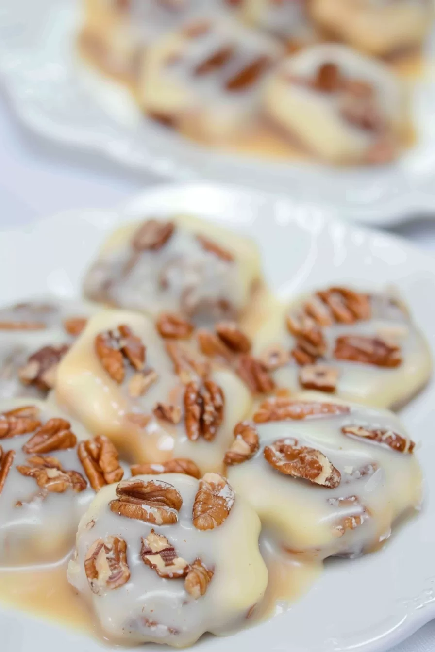 Perfectly glazed pecan nut candies glistening on a plate for a sweet treat.