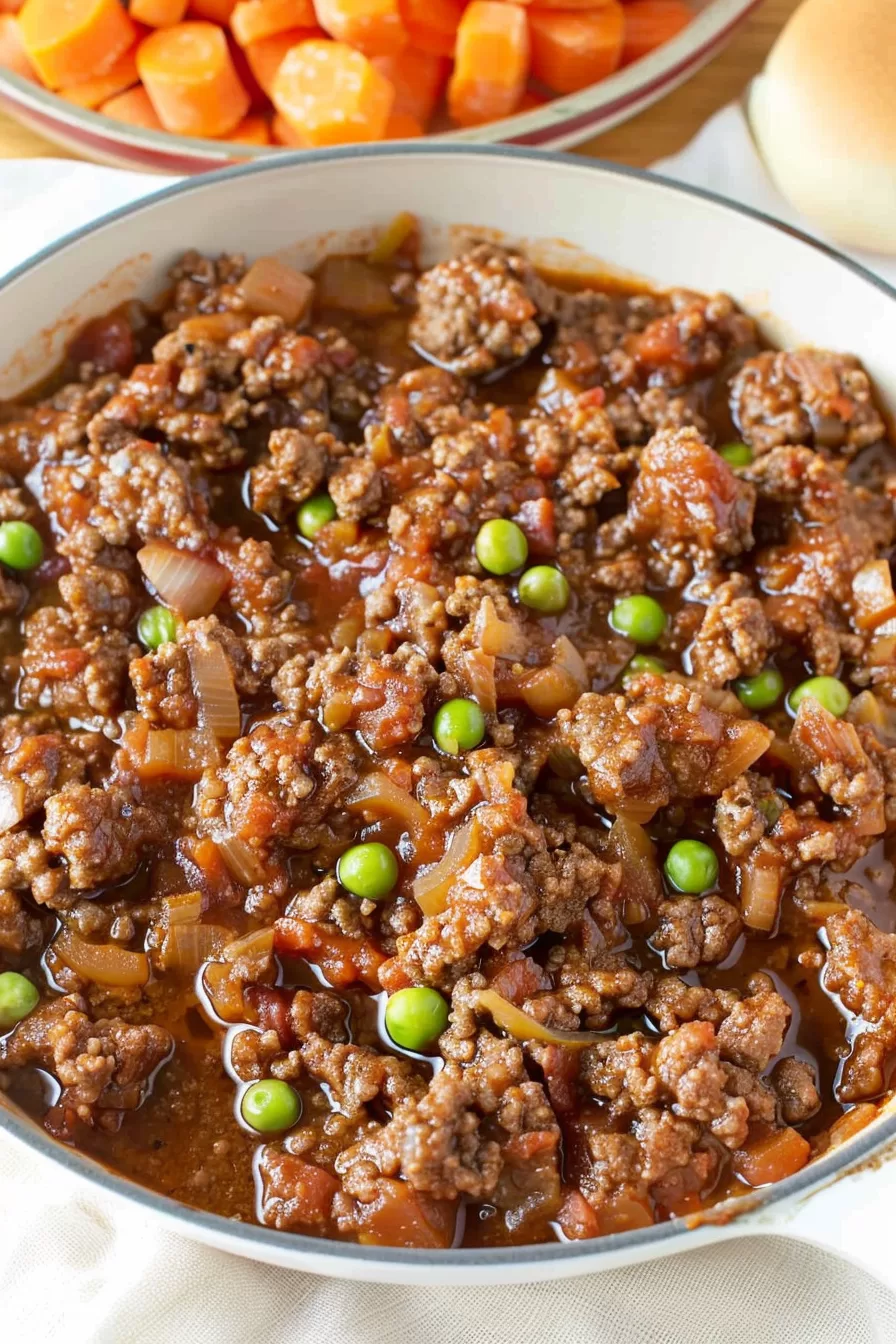 A bowl of onion savoury mince served with a side of bread rolls and glazed carrots.