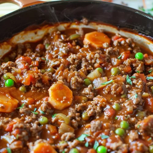 Top view of a skillet filled with onion savoury mince, garnished with fresh green peas and carrots.