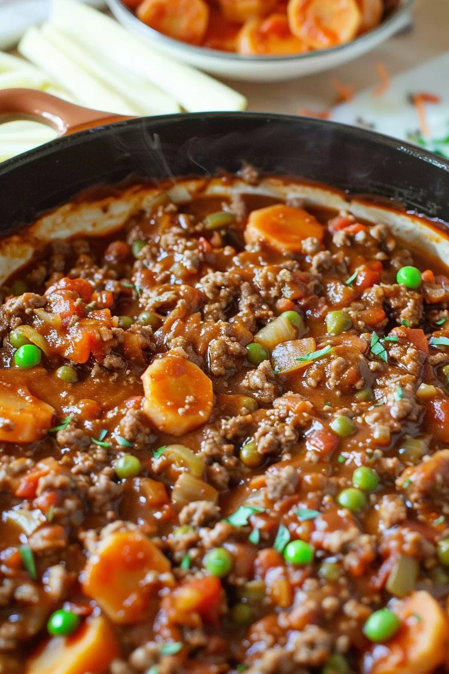 Top view of a skillet filled with onion savoury mince, garnished with fresh green peas and carrots.