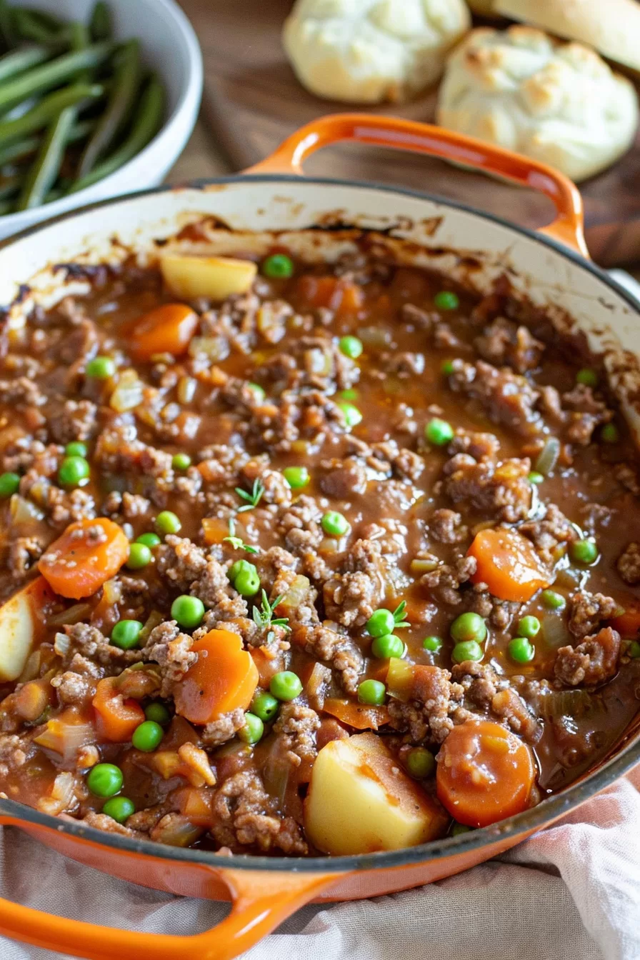 Close-up of a hearty mince stew with peas, carrots, and onions in a rich tomato sauce.