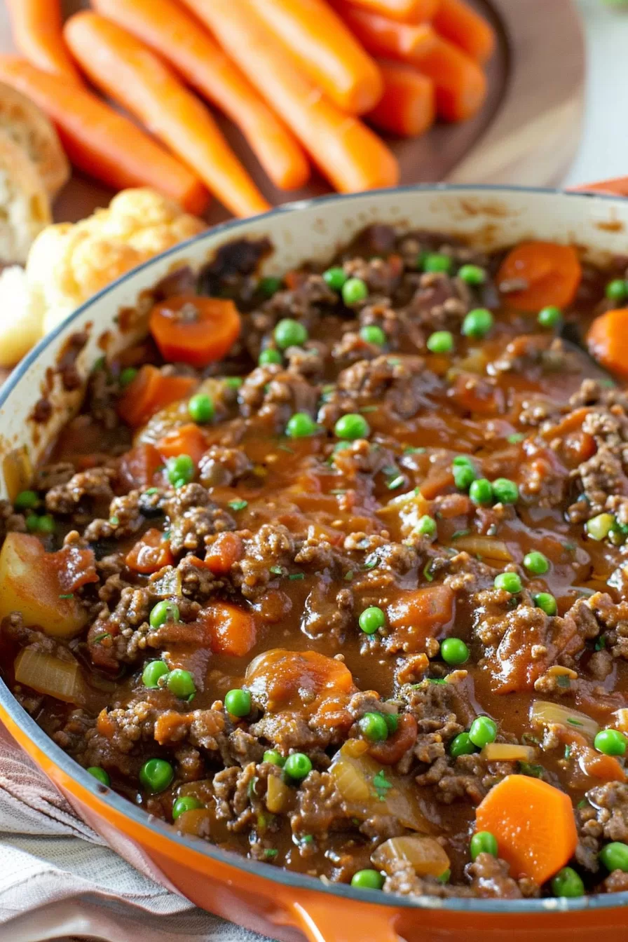 Comforting onion savoury mince with ground beef and vegetables served hot in a casserole dish.