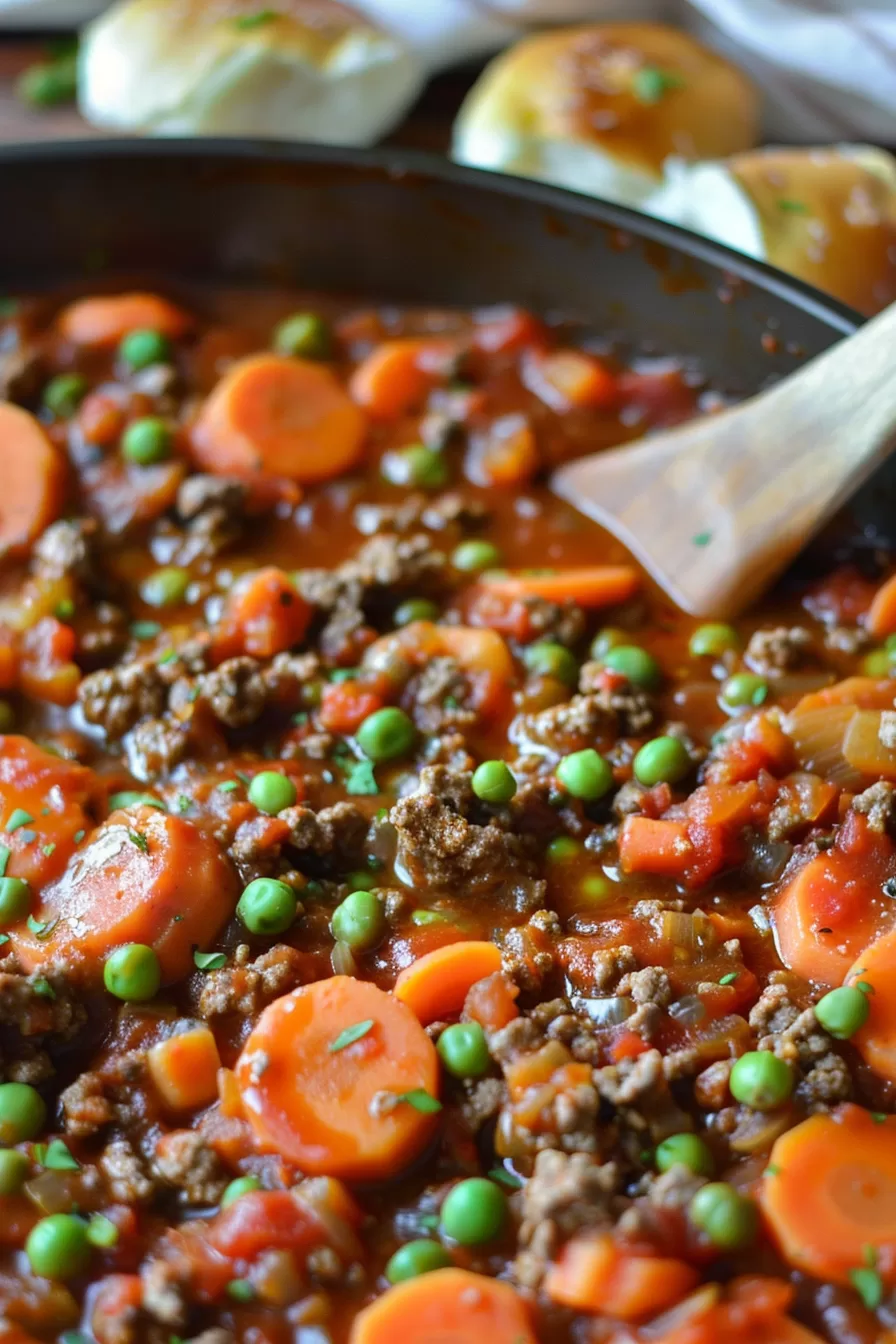 Freshly cooked mince mixture in a skillet, highlighting tender carrots, peas, and chunks of onion in a tomato-based sauce.