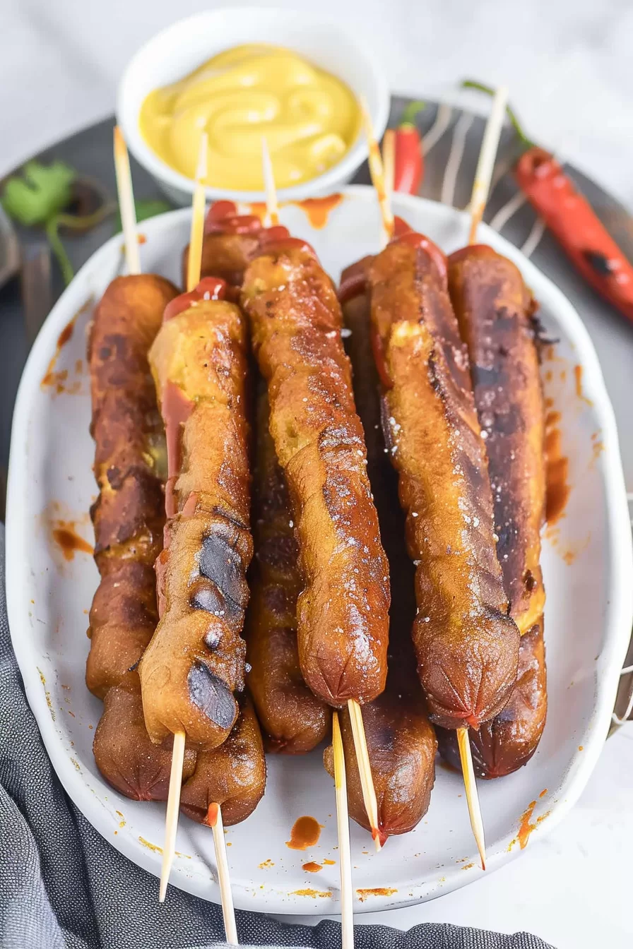 Close-up of crispy, golden corn dogs on skewers served with mustard dip, perfect for a summer snack.