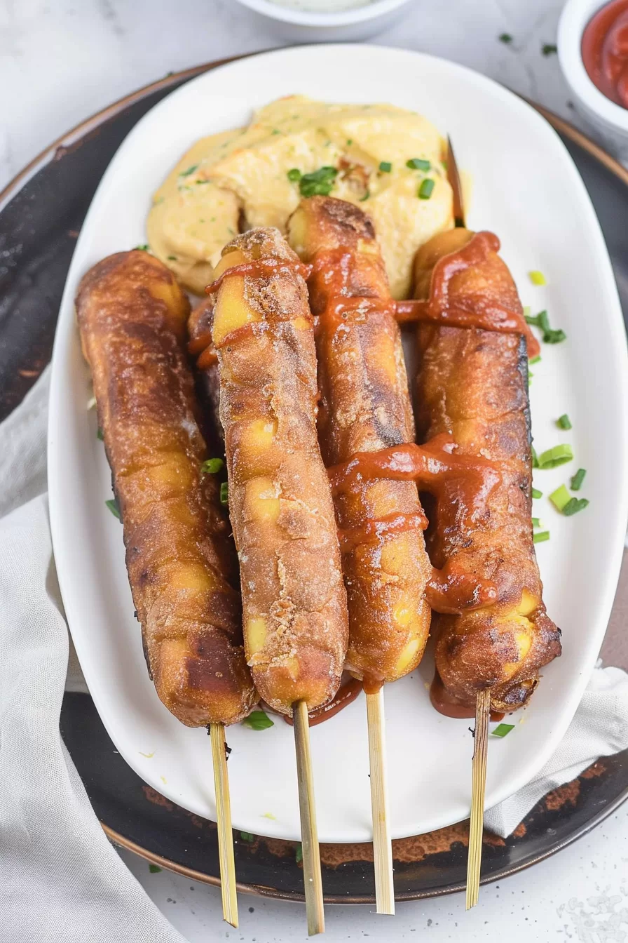 A platter of homemade corn dogs with a side of tangy mustard, ideal for a party appetizer.