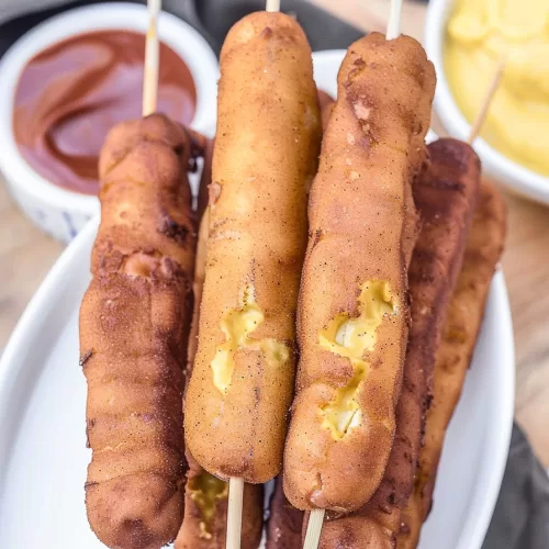 Golden brown corn dogs with a cheesy filling, paired with ketchup and mustard for dipping.