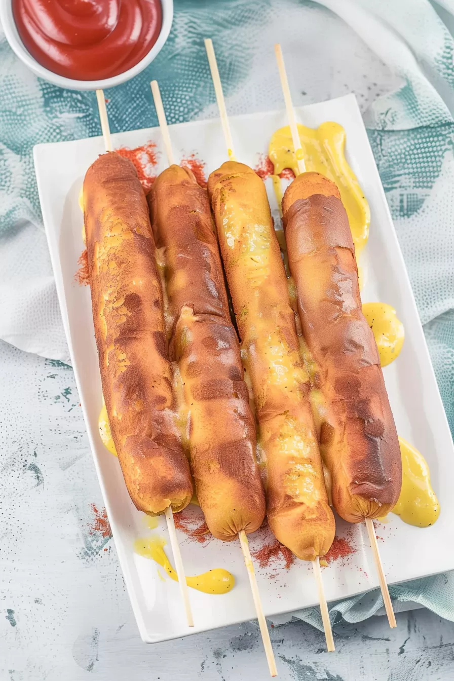 Corn dogs on wooden skewers, freshly fried and served on a plate with sauce, showcasing the crispy batter.