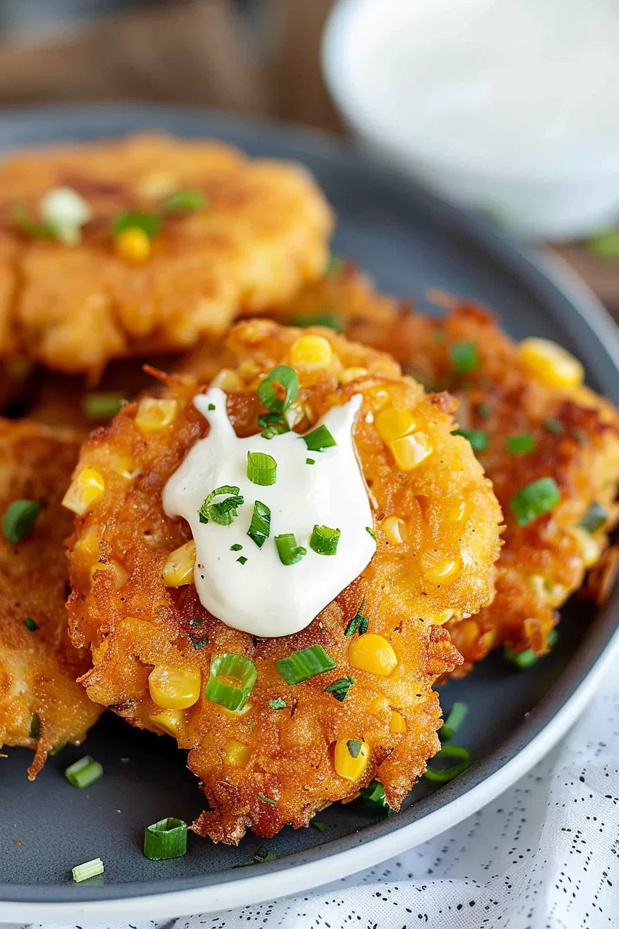 Close-up of golden corn fritters topped with fresh chives and a dollop of sour cream on a plate.