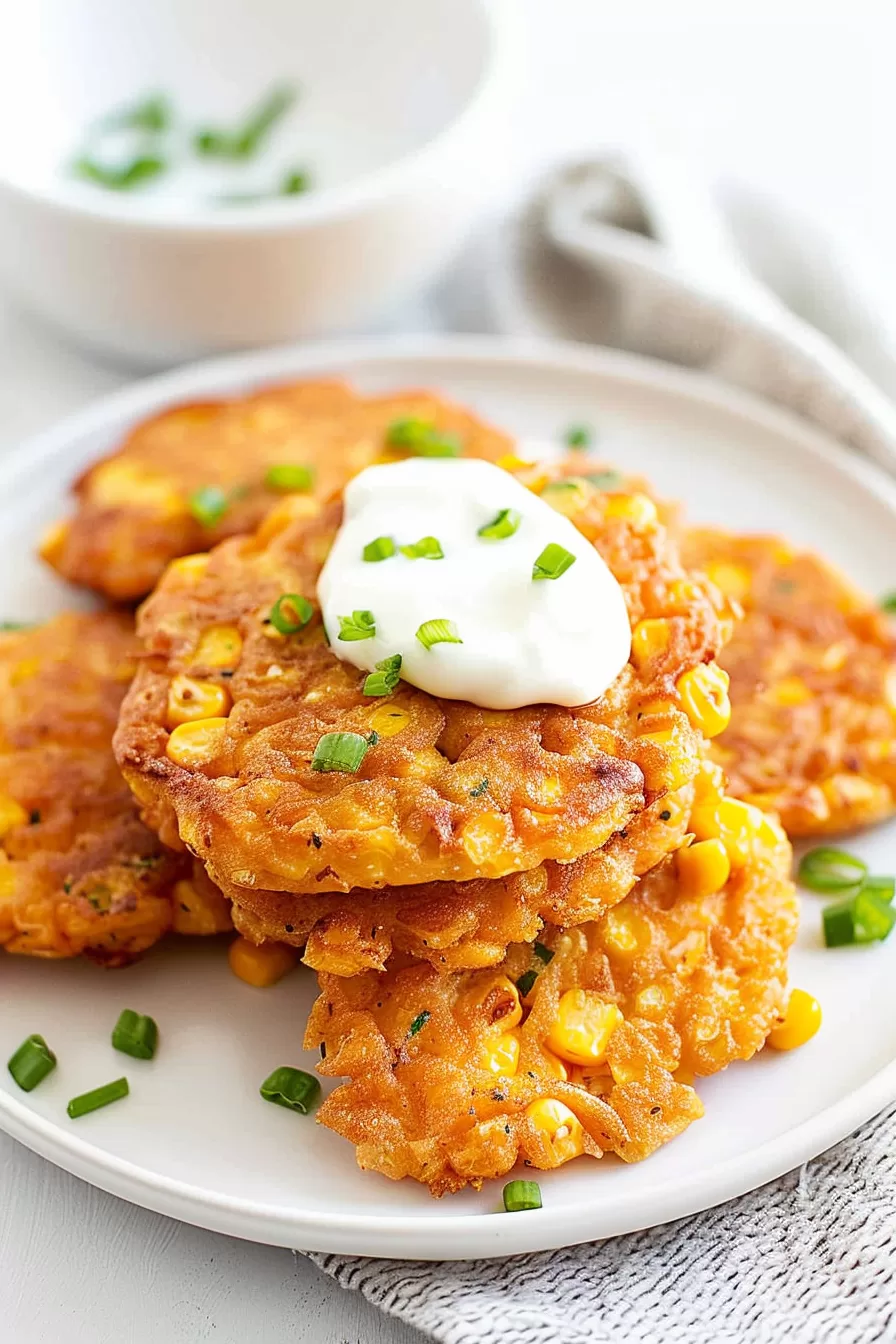 Perfectly fried corn fritters garnished with chopped green onions on a white plate.