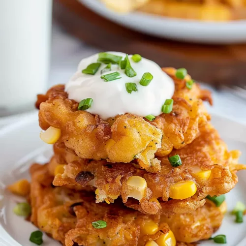 Plate of homemade corn fritters featuring a crunchy texture and golden brown finish.