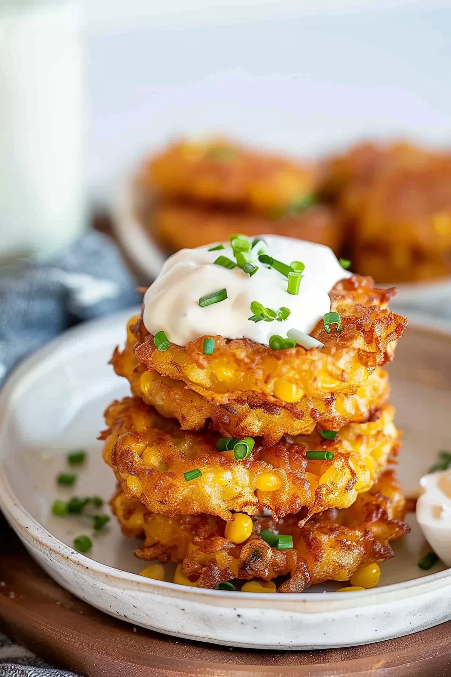 Freshly prepared corn fritters with a creamy topping and vibrant green garnish.