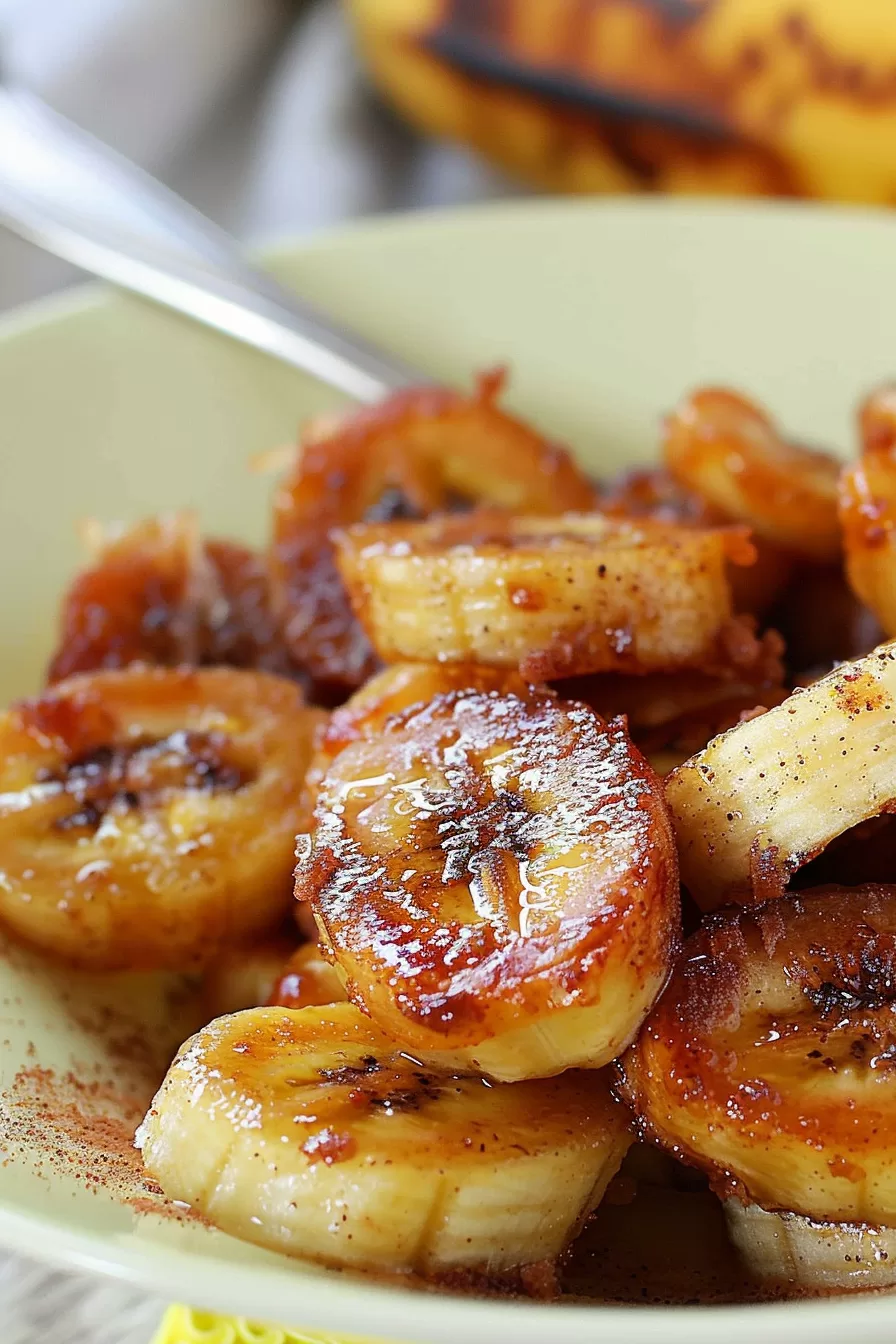 Close-up of caramelized banana slices dusted with cinnamon sugar, served on a plate.