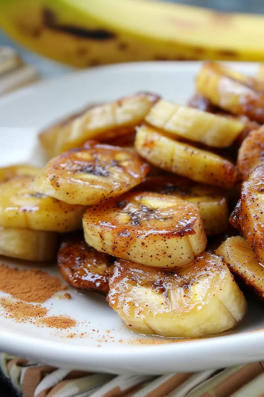 Golden brown pan-fried bananas with a cinnamon glaze, ready to be served.