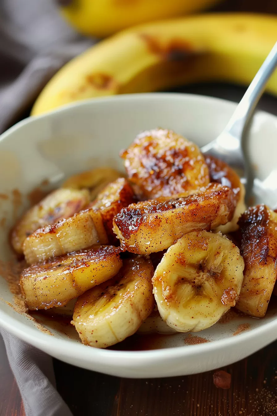 Warm cinnamon bananas cooked to perfection, served on a white plate with syrup.