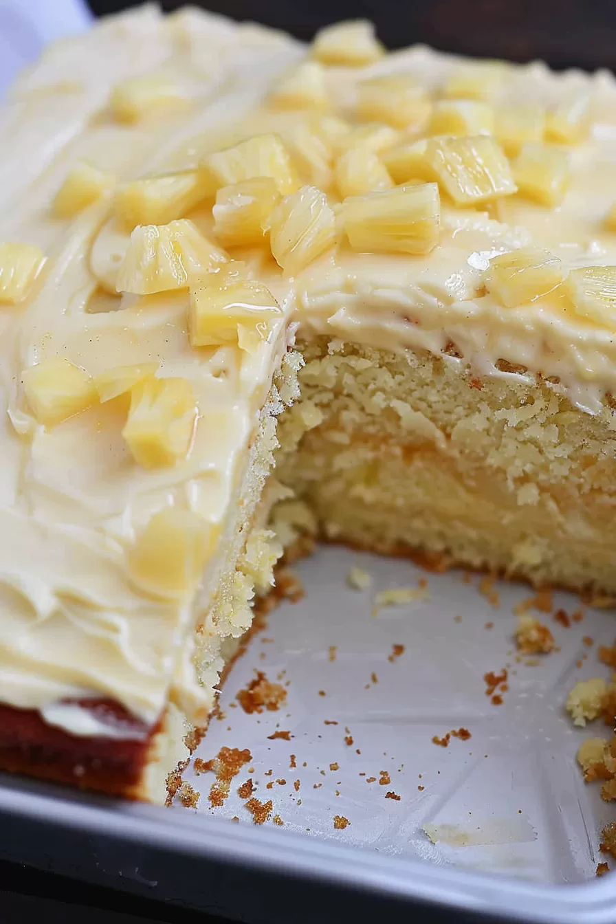 A close-up of a moist pineapple cake with a creamy frosting topped with juicy pineapple chunks, served in a baking pan.