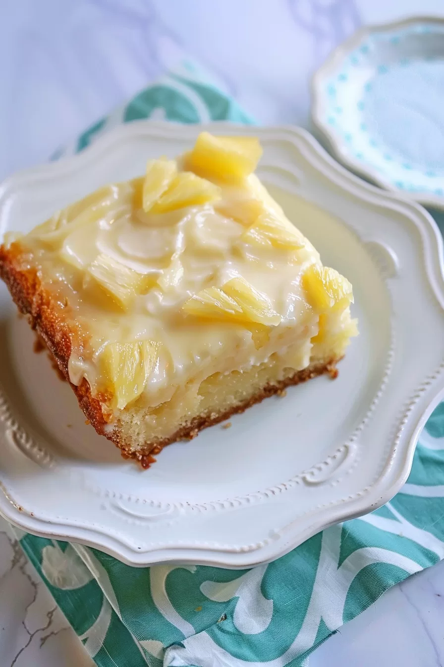 A slice of pineapple cake on a decorative white plate, showcasing the luscious frosting and vibrant pineapple pieces.