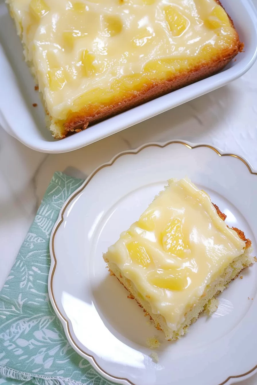 Top-down view of a frosted pineapple cake in a baking dish with golden edges, ready to be served.