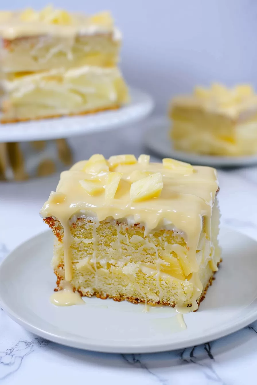 A slice of pineapple cake dripping with creamy frosting and topped with fresh pineapple chunks on a white plate.