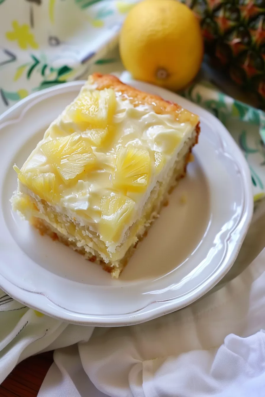 A beautifully plated pineapple cake slice, garnished with pineapple pieces, placed next to a whole lemon on a floral background.