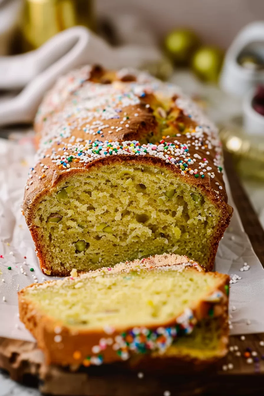 A freshly baked loaf of pistachio bread, still on the cooling rack, with a knife nearby ready for slicing.