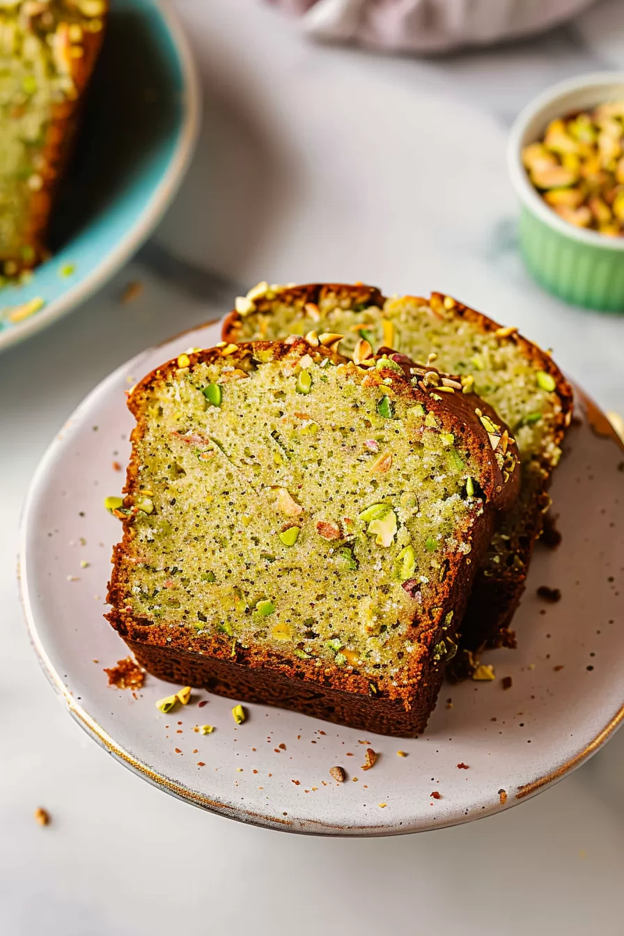 A slice of pistachio bread served on a delicate white plate, highlighting its rich texture and sprinkled finish.