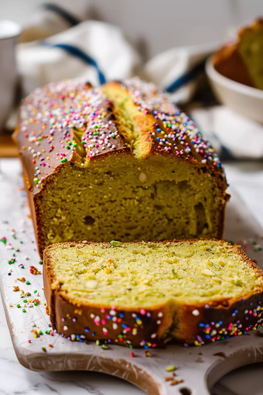 A close-up of pistachio bread with a golden crust and festive sprinkle topping, perfect for a cheerful dessert table.