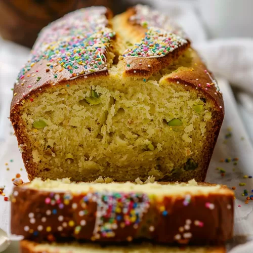 A vibrant loaf of pistachio bread topped with colorful sprinkles, sliced to reveal its soft and nutty interior.