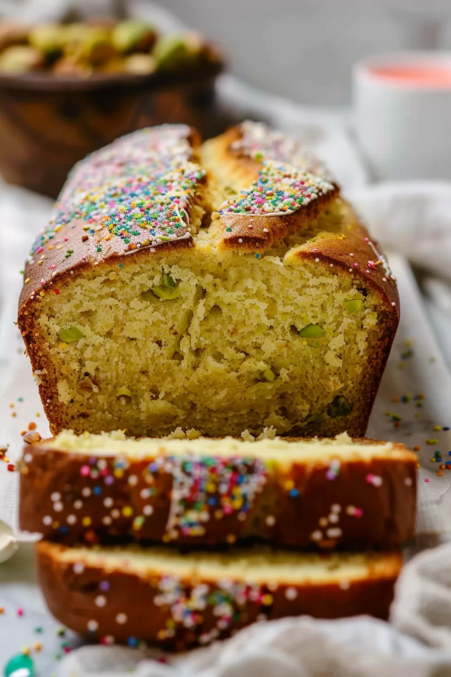 A vibrant loaf of pistachio bread topped with colorful sprinkles, sliced to reveal its soft and nutty interior.