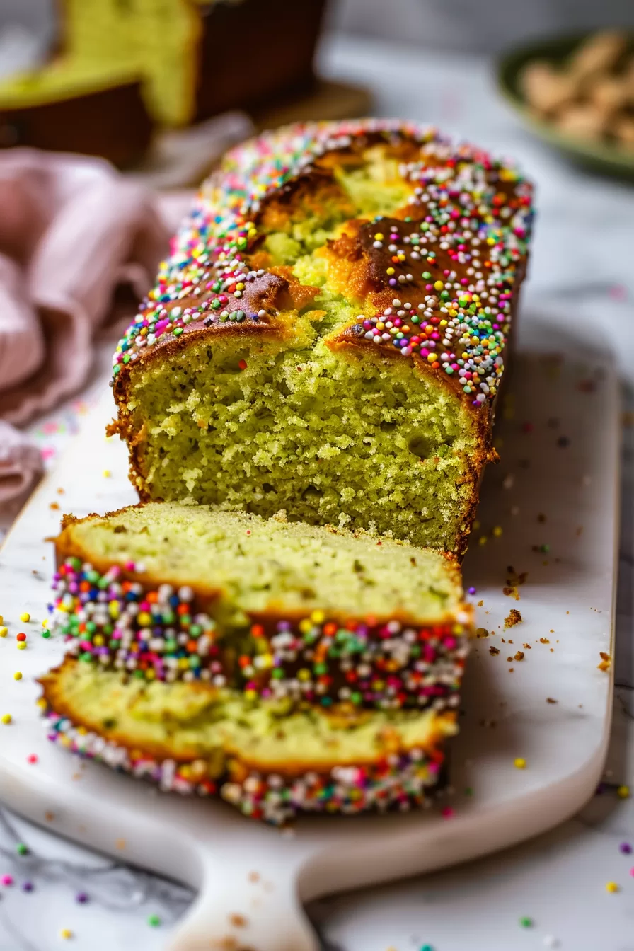 Two thick slices of moist pistachio bread resting on a plate, showcasing the beautiful green hue and scattered pistachio bits.