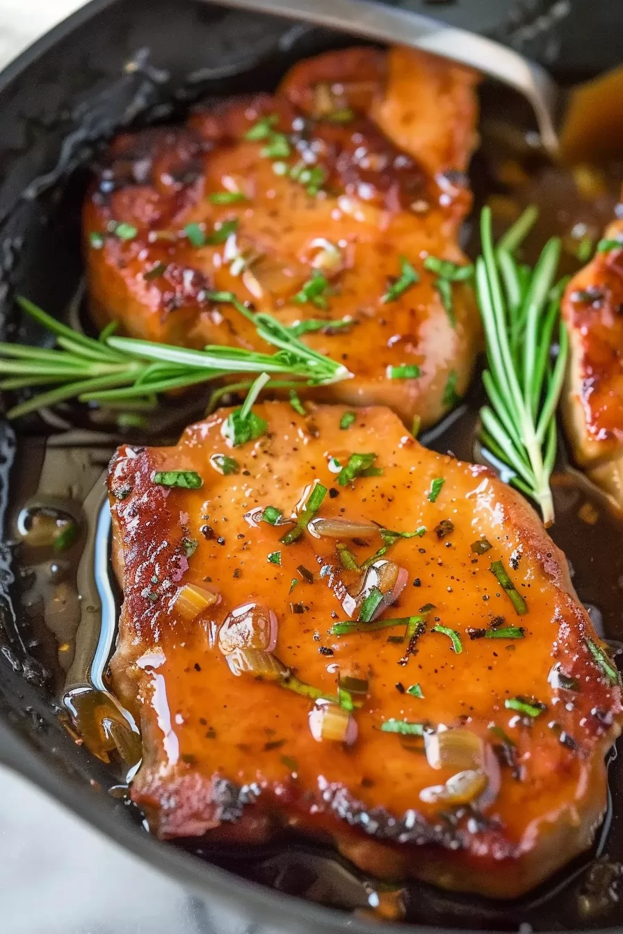 Close-up of a glazed pork chop topped with chopped herbs and a golden honey garlic sauce, served in a skillet.