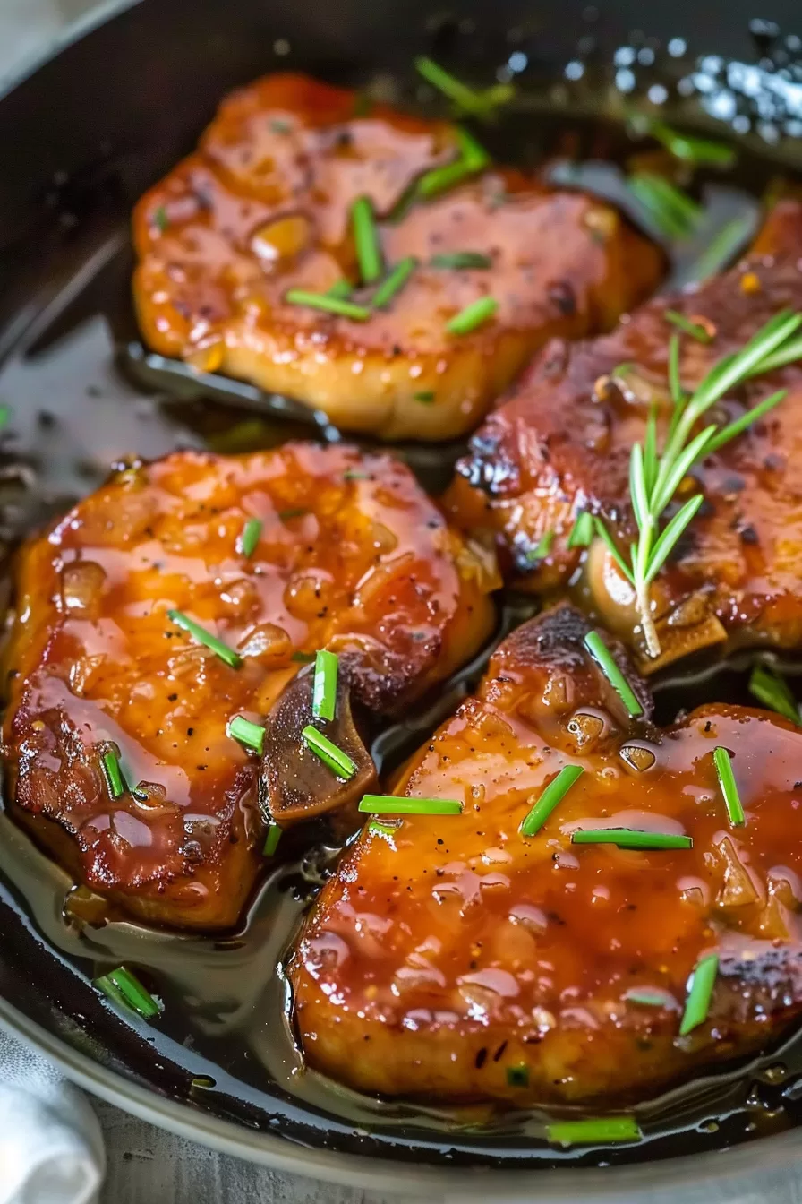 Juicy pork chops coated in a glossy honey garlic sauce, garnished with fresh rosemary and served hot.