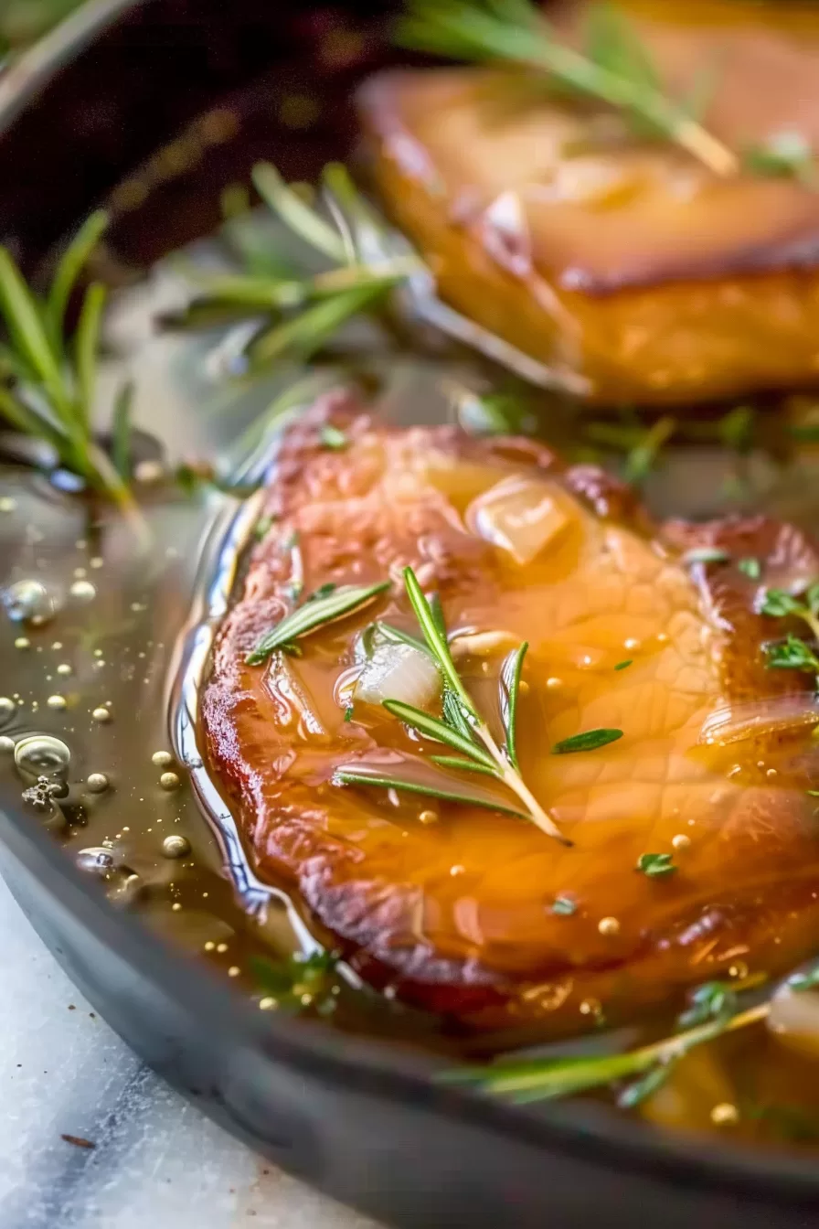 Golden brown pork chops resting in a skillet with a thick honey garlic sauce, perfect for a hearty meal.