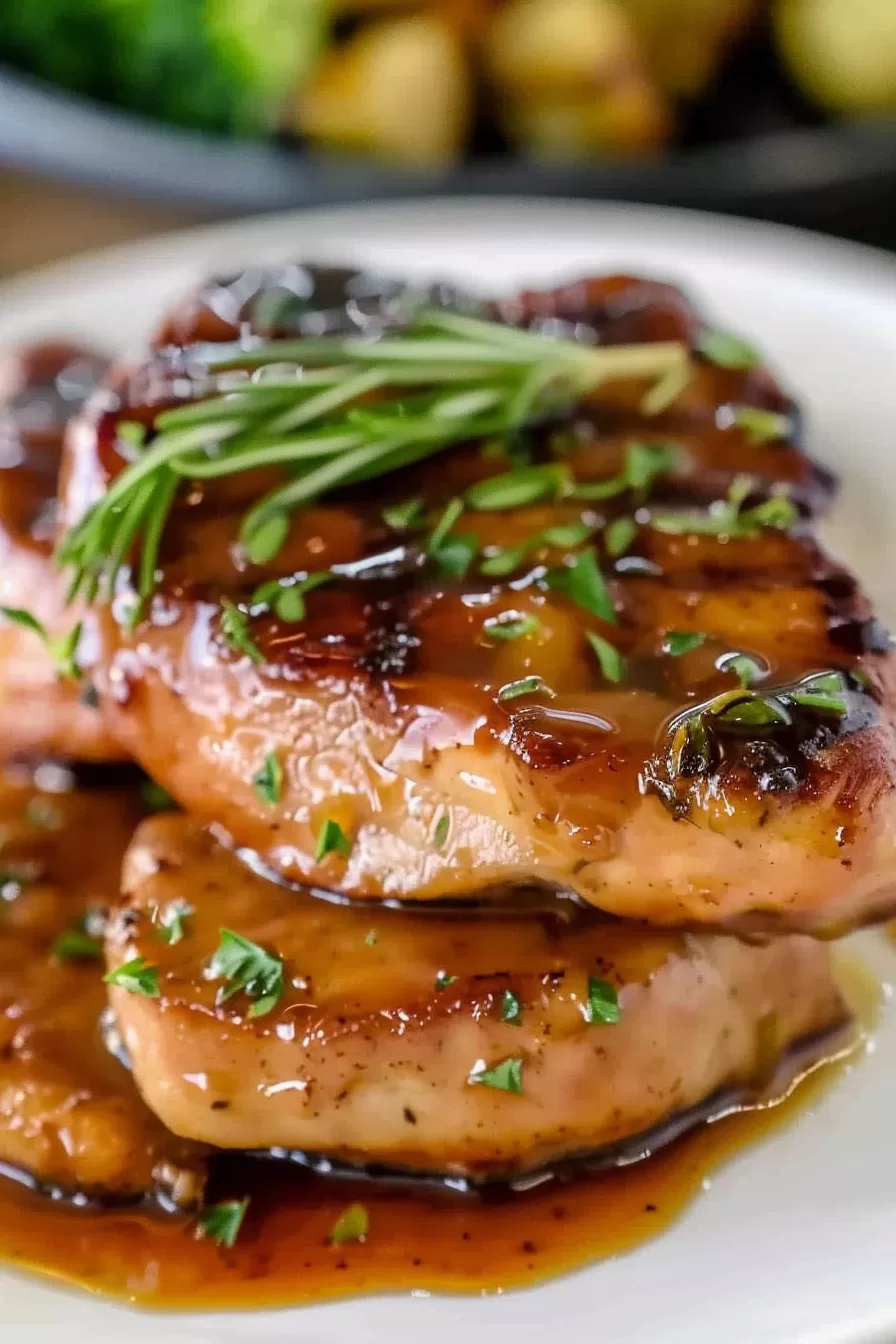 Tender pork chops seared to perfection, drizzled with a sticky honey garlic sauce and finished with herbs.