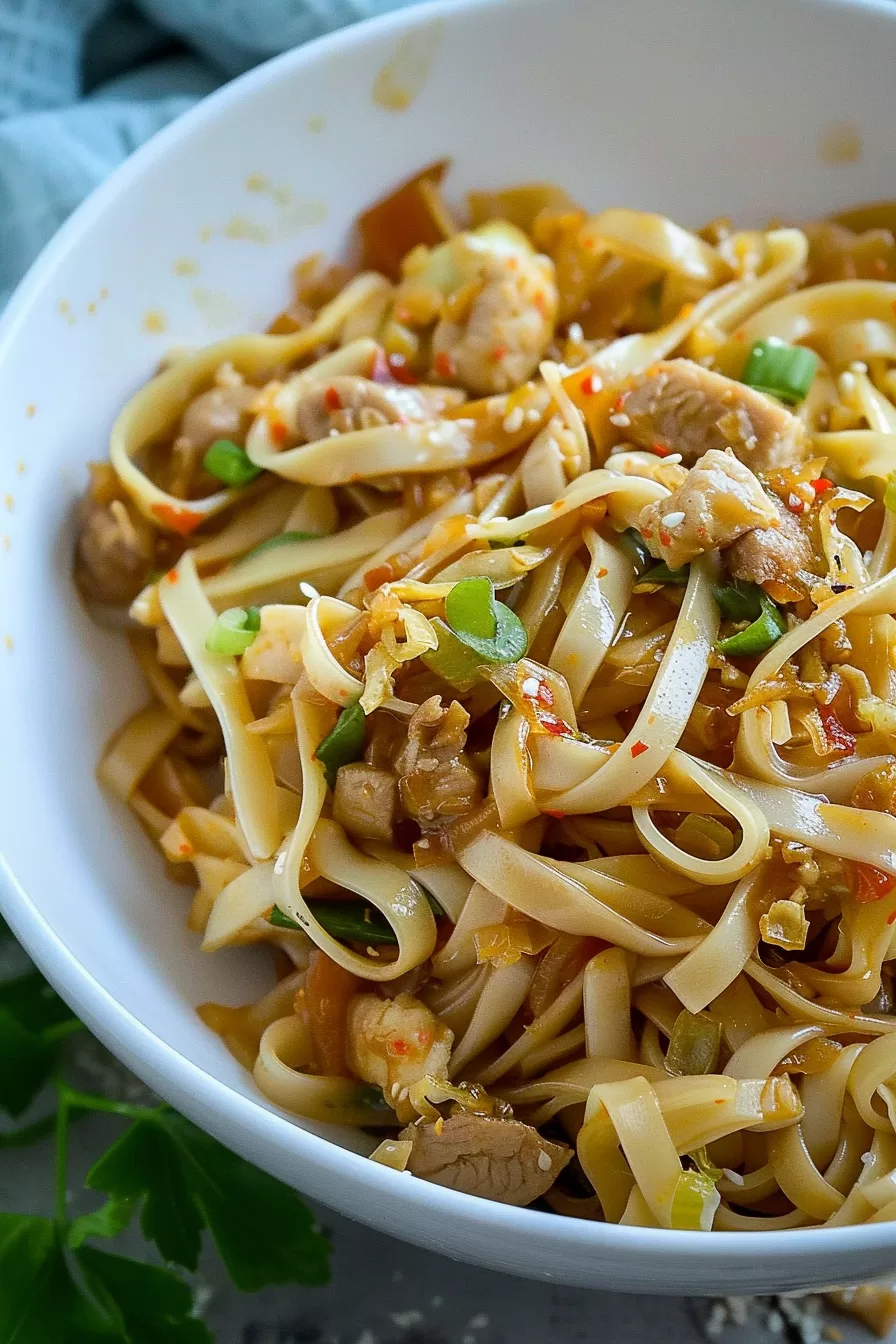 A freshly made noodle bowl with a flavorful blend of chicken, noodles, and stir-fried vegetables, topped with green onions.