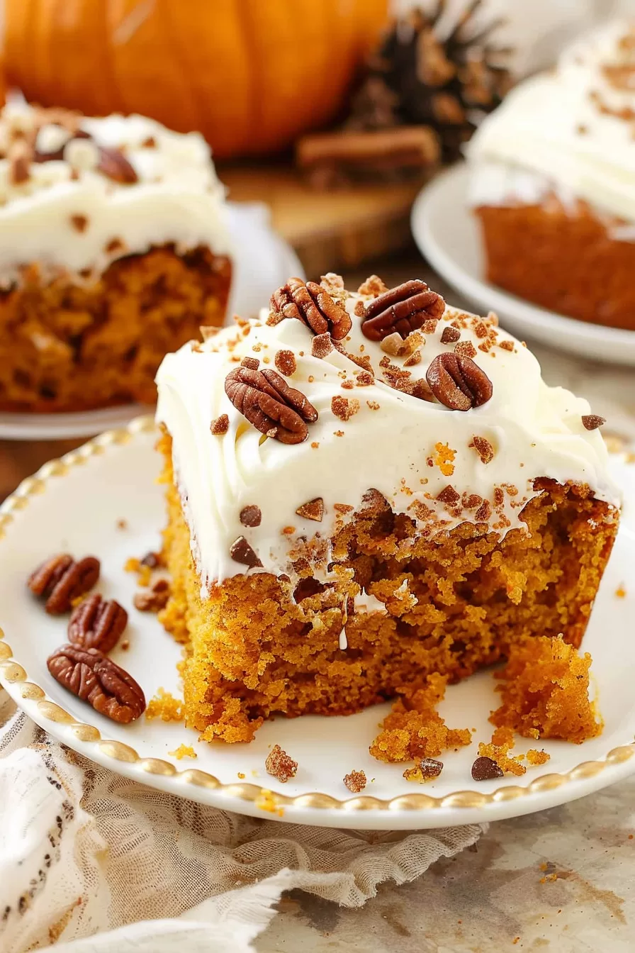 A single slice of pumpkin cake served on a wooden plate, showcasing its fluffy texture and creamy frosting garnished with chocolate shavings.