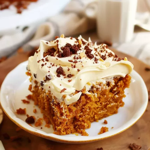 A festive pumpkin cake slice, richly spiced and adorned with whipped frosting, displayed alongside a warm cup of coffee.