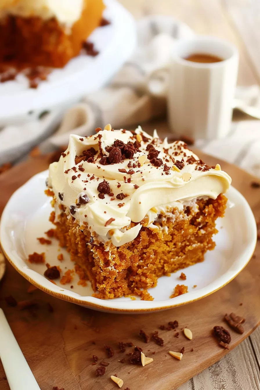 A festive pumpkin cake slice, richly spiced and adorned with whipped frosting, displayed alongside a warm cup of coffee.