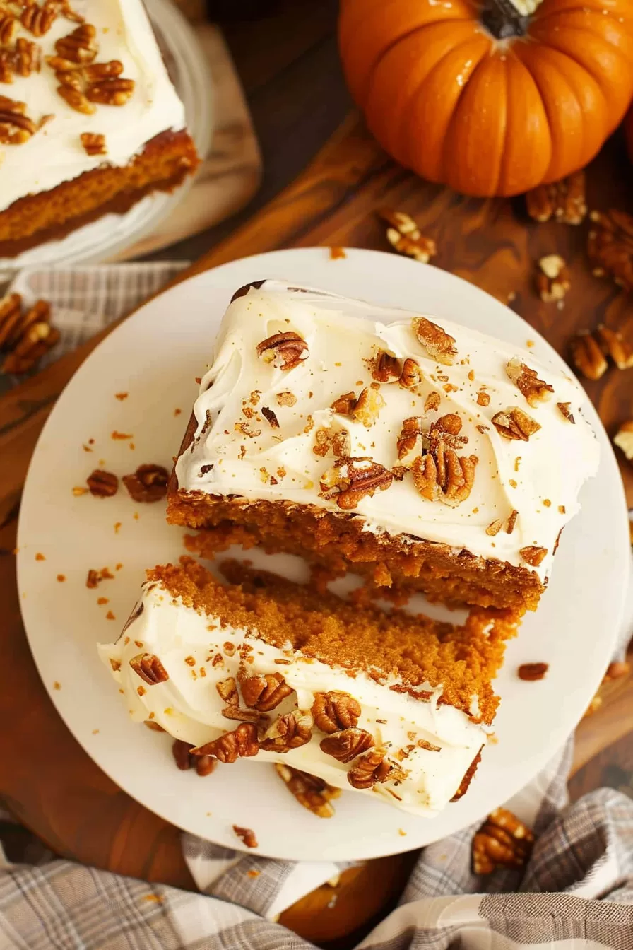 A top-down view of a whole pumpkin cake, decorated with pecans and served on a rustic wooden table with a cozy autumnal backdrop.