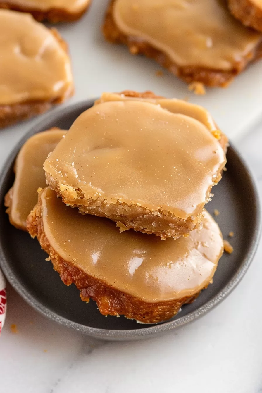 A maple bar with a glossy glaze, showing its crumbly texture and rich color.