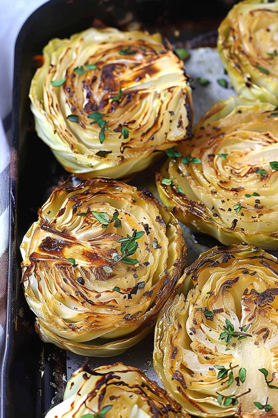 Rustic roasted cabbage rounds, showing layers of charred and tender leaves on a baking tray.