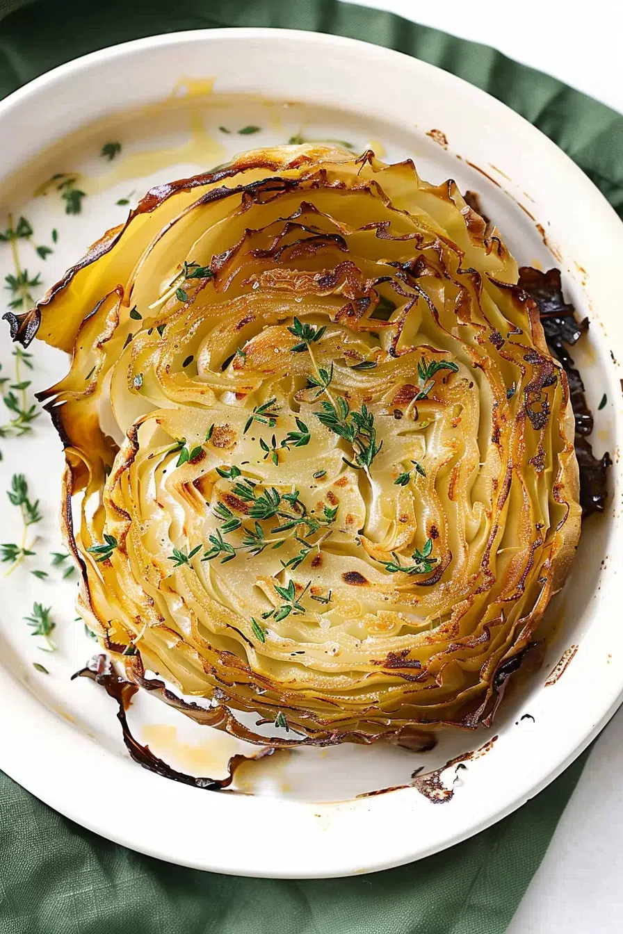 Caramelized cabbage steaks with a light char, drizzled with olive oil and sprinkled with fresh thyme leaves.