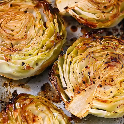 Oven-roasted cabbage wedge with crispy edges, seasoned with herbs and spices on a white plate.