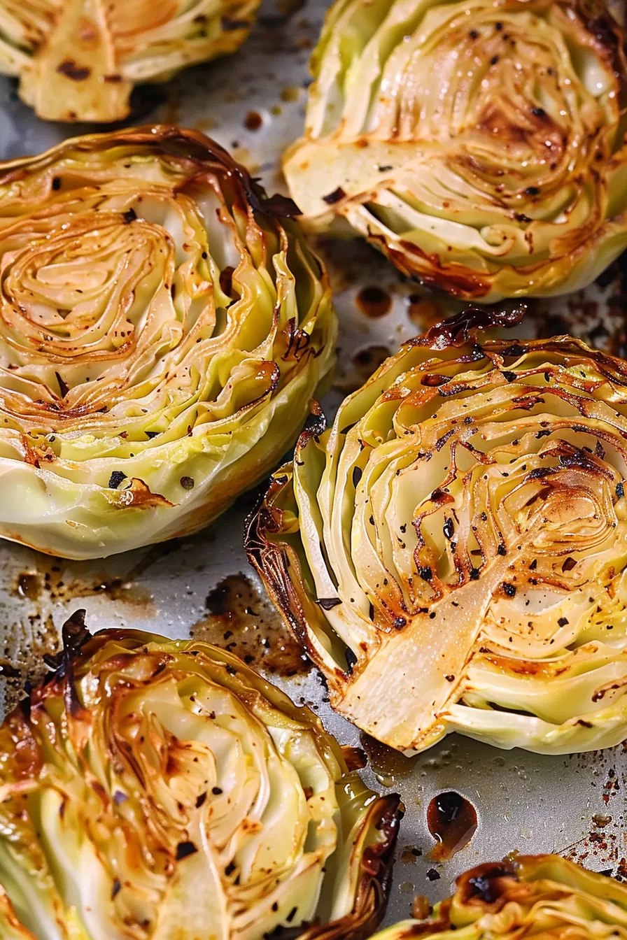 Oven-roasted cabbage wedge with crispy edges, seasoned with herbs and spices on a white plate.