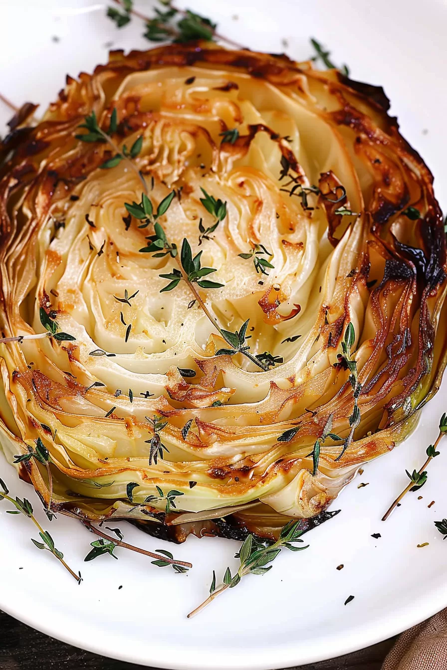 Perfectly roasted cabbage steak with a golden crust, served with herbs on a white ceramic dish.